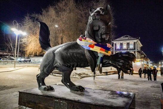 Самый длинный вязаный шарф в Иркутской области согрел Бабра и попал в музей